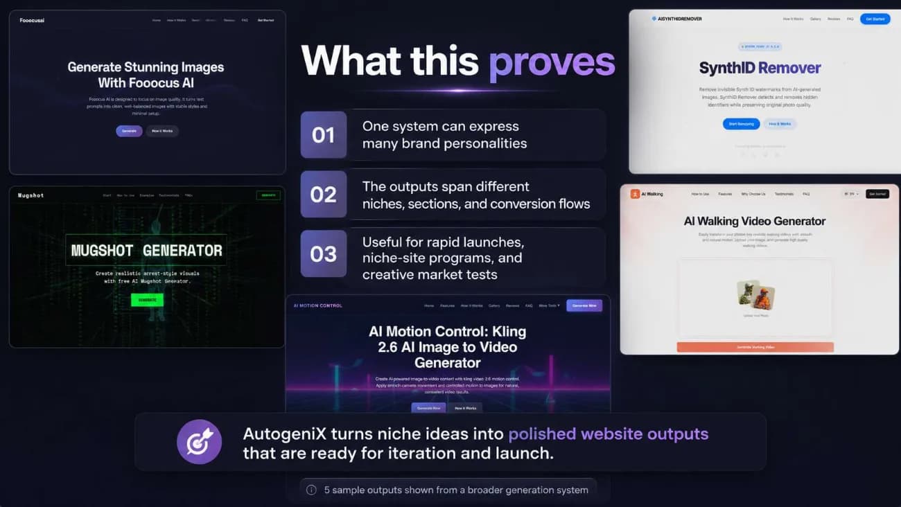 AutogeniX | Multi-Agent Website Generator: Five sample outputs
