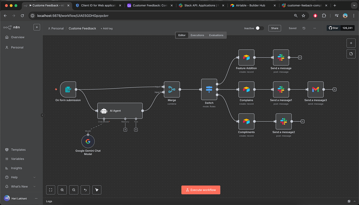 Complete n8n workflow for AI customer feedback classification and routing