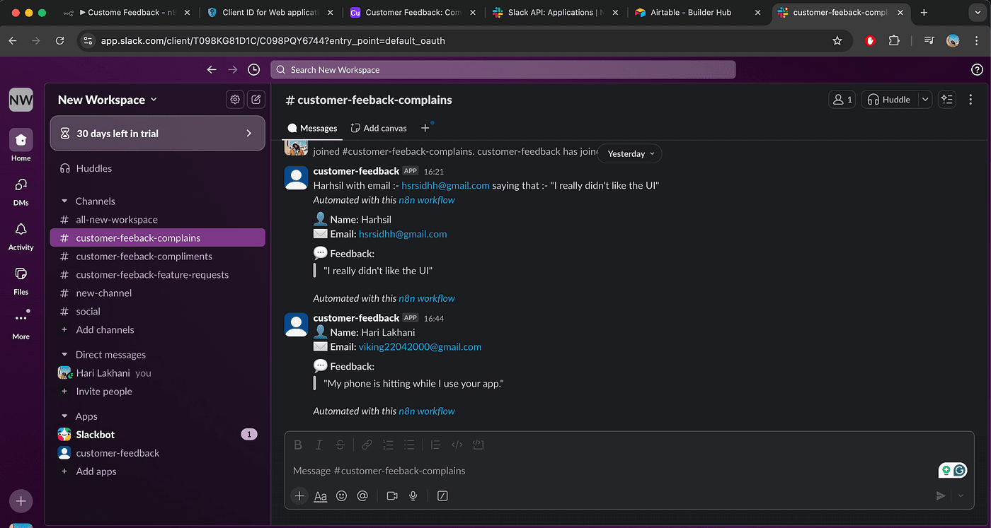 Slack channel showing customer feedback alerts sent by n8n